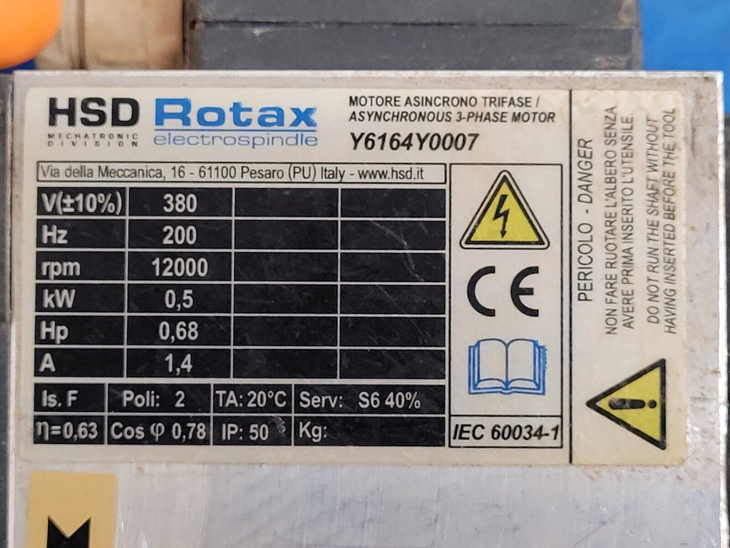 HSD Rotax Spindle Motor Y6164Y007 12000 rpm Polymac Akron 440 Spins ok Unit B