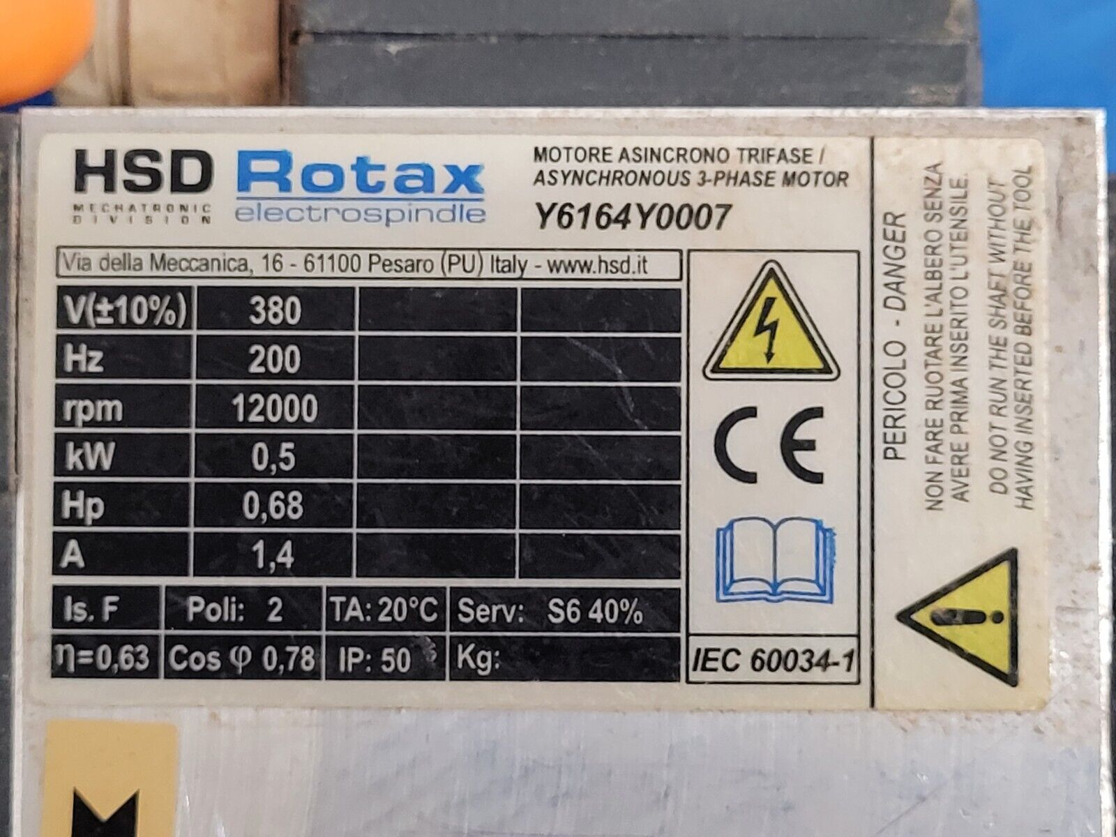 HSD Rotax Spindle Motor Y6164Y007 12000 rpm Polymac Akron 440 Spins ok Unit B