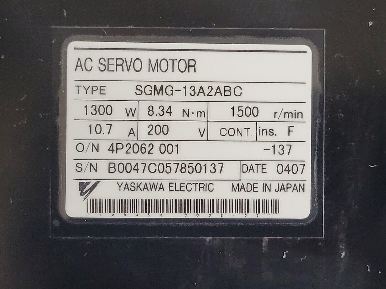 2005 Hass YASKAWA SGMG-13A2ABC AC Brushless Servo Motor 200V w/ Brake A