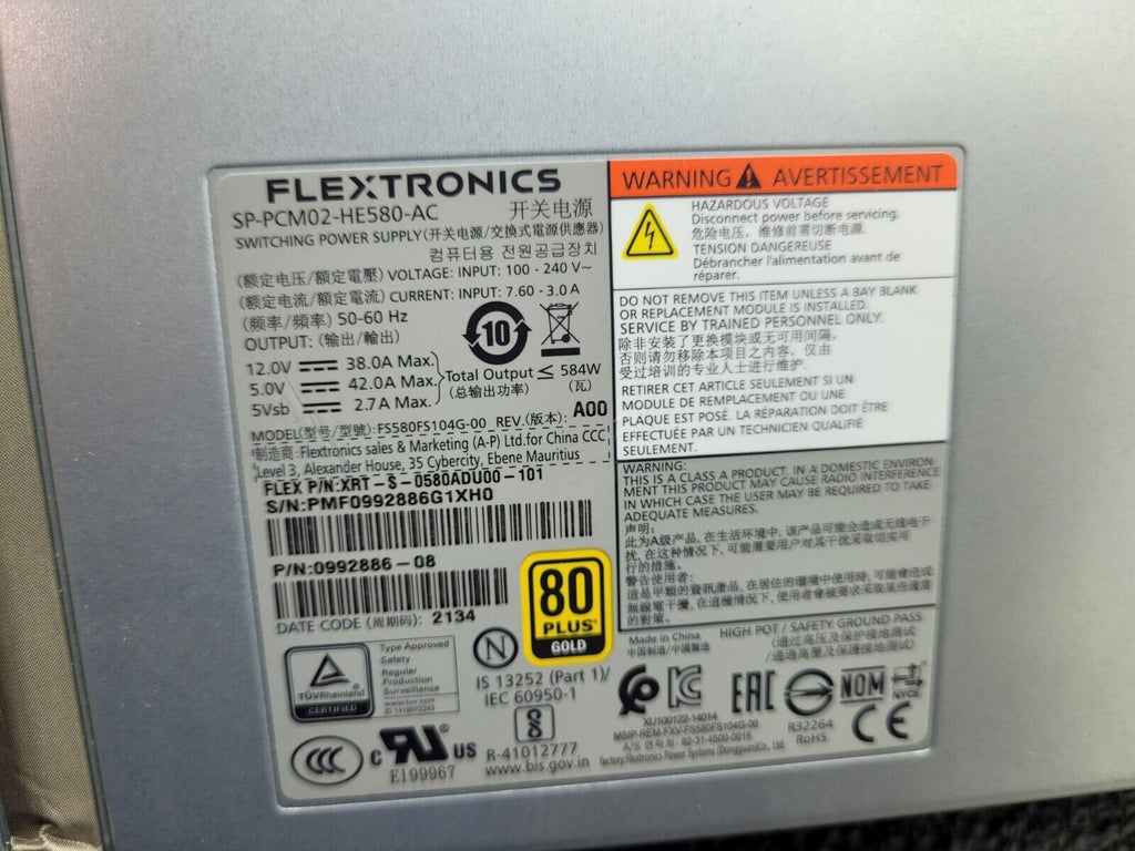 HP Flextronix SP-PCM02-HE580-AC Disk Shelf Power Supply 80 PLUS GOLD 0992886-08