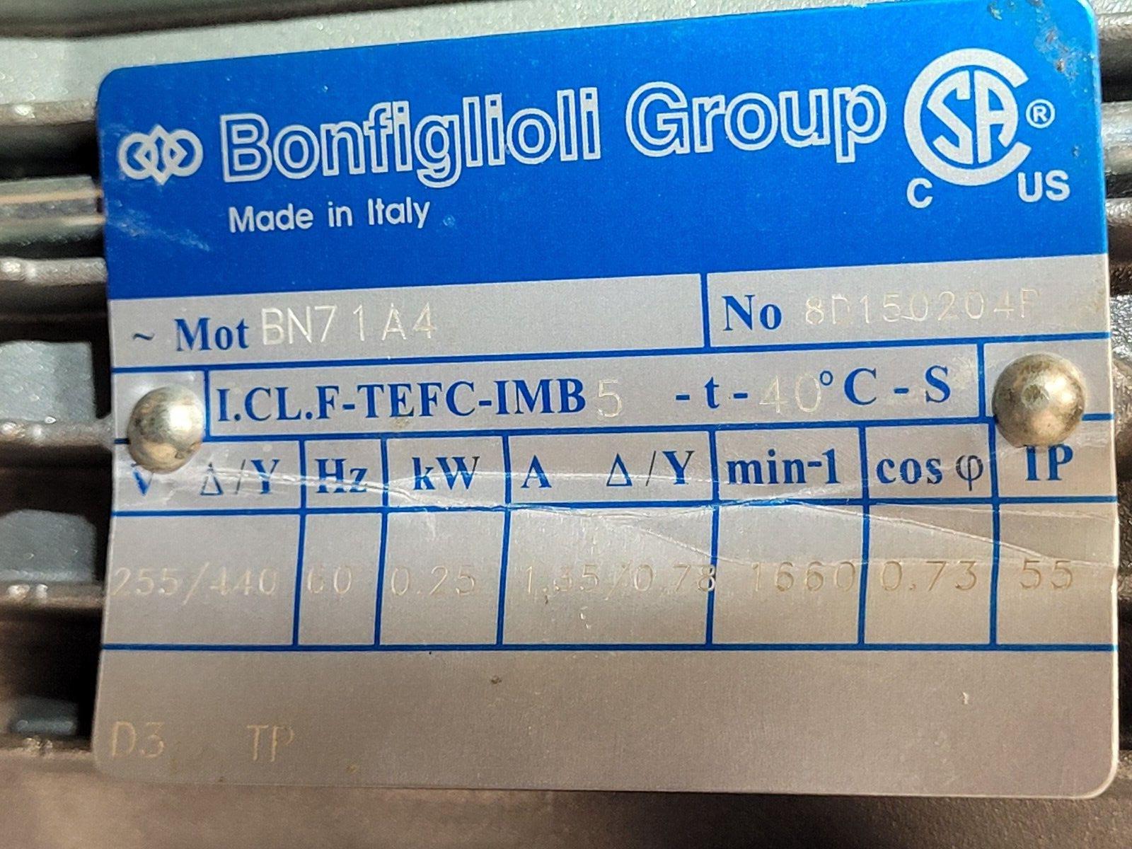 Bonfiglioli BN71A4 Gearmotor 3ph .25kw Right Angle 30mm Shaft Hole 80:1 Gearbox