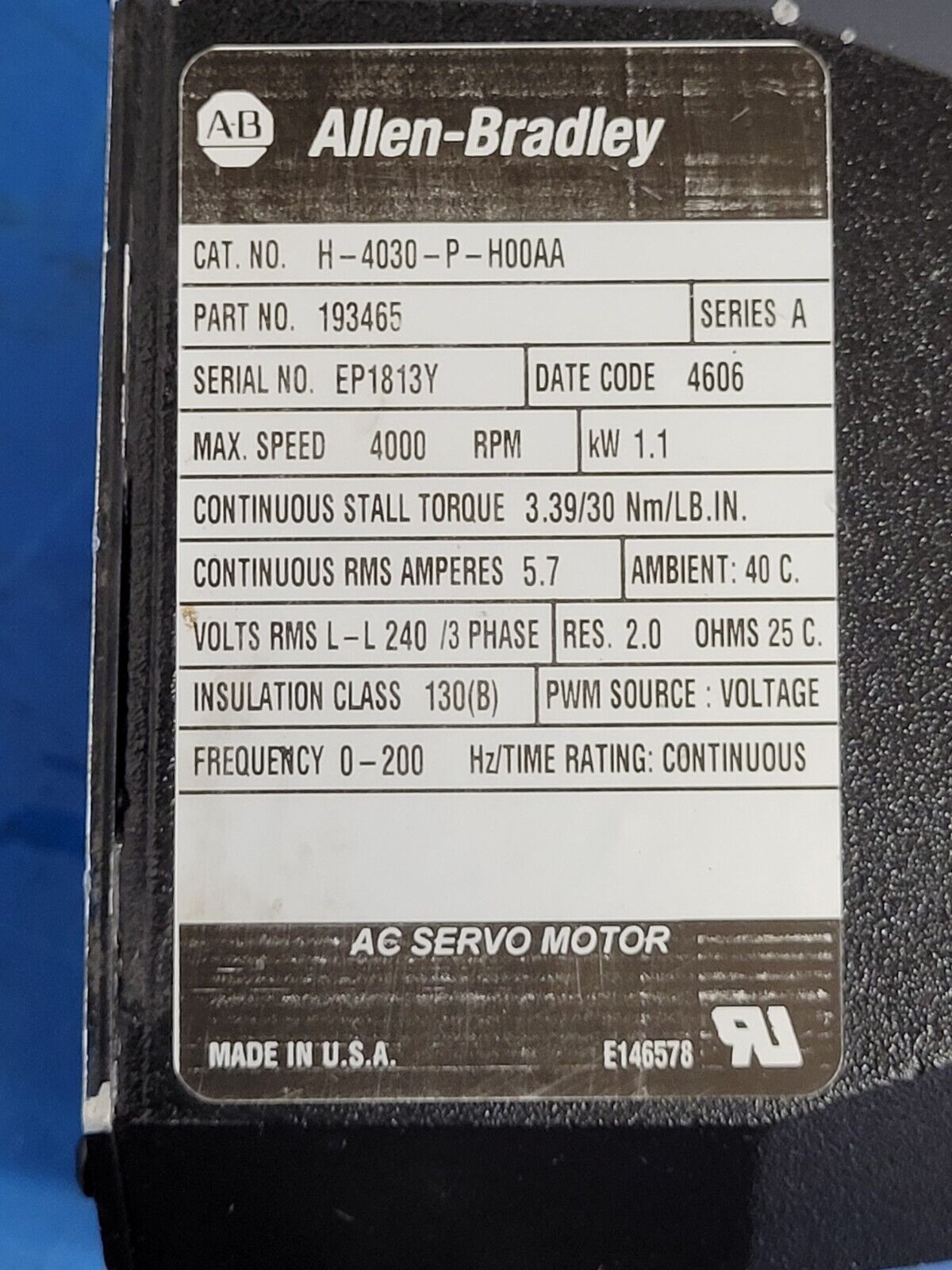Allen-Bradley H-4030-P-H00AA AC Servo Motor Elwood Electro-Craft Reliance