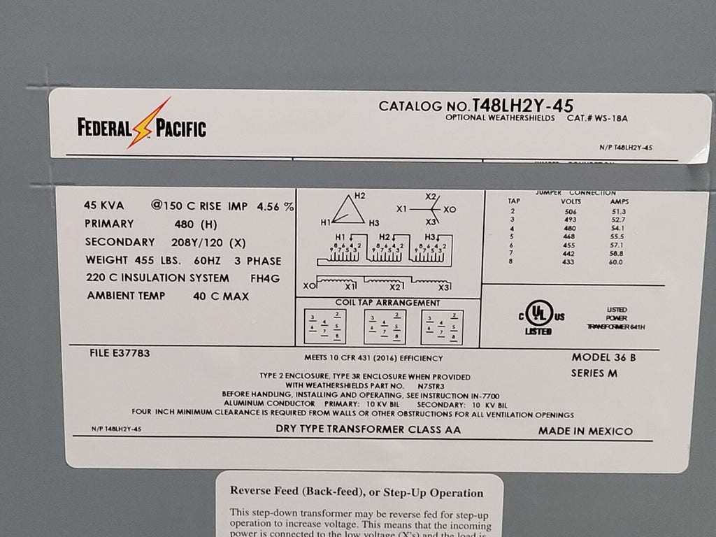 Federal Pacific 480V P 208Y/120 S 3PH Step Down T48LH2Y-45 Transformer 45KVA