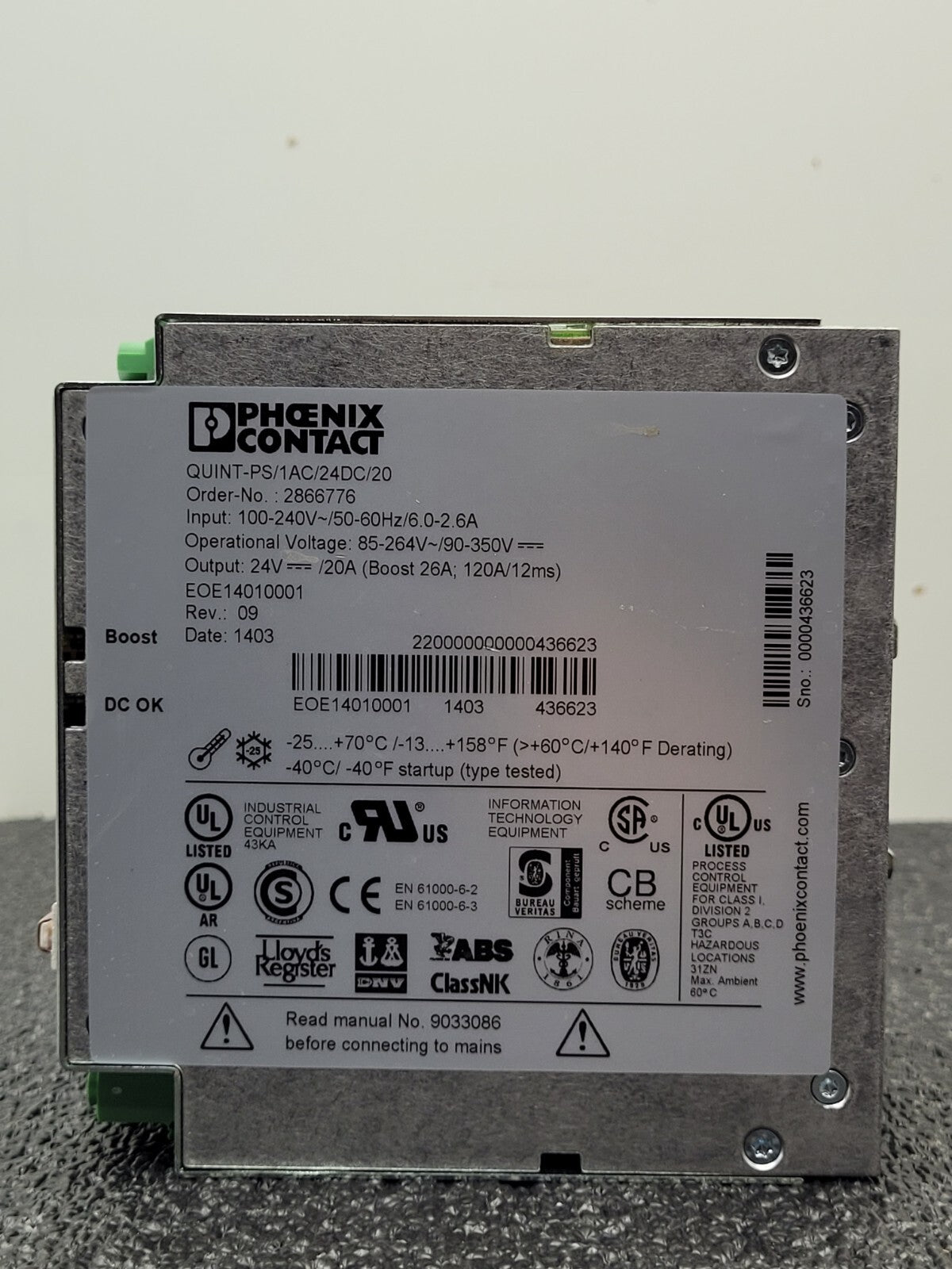 Phoenix Contact QUINT-PS/1AC/24DC/20 Power Supply 24VDC 20A 120V Input Din Rail