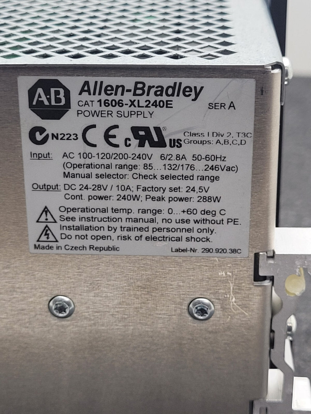Allen Bradley 1606-XL240E Power Supply 24-28 VDC, 10A DIN Rail Mount