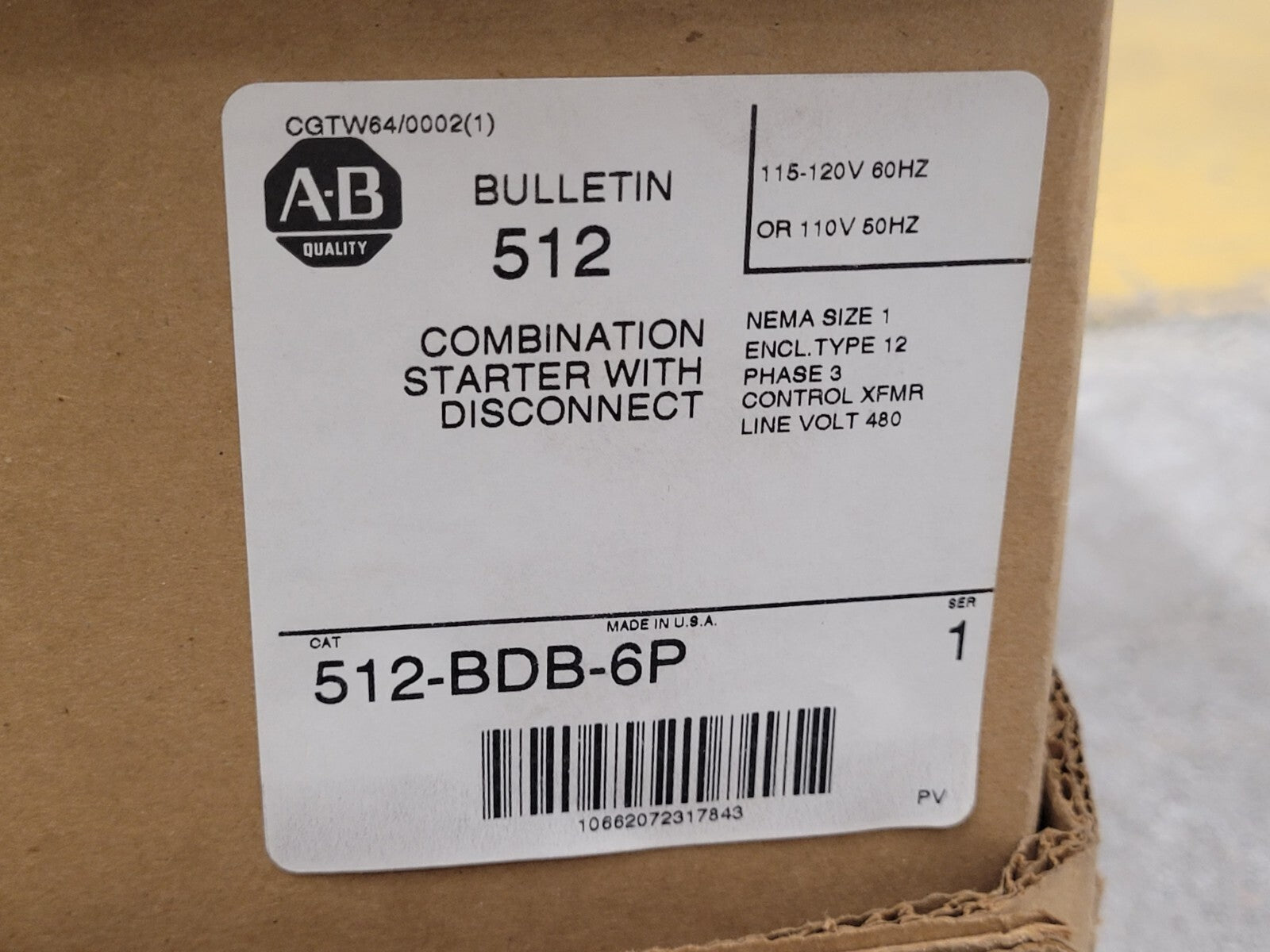 A-B Allen Bradley 512-BDB-6P Combination Starter Size 1 509-BOD 480V 120V Coil