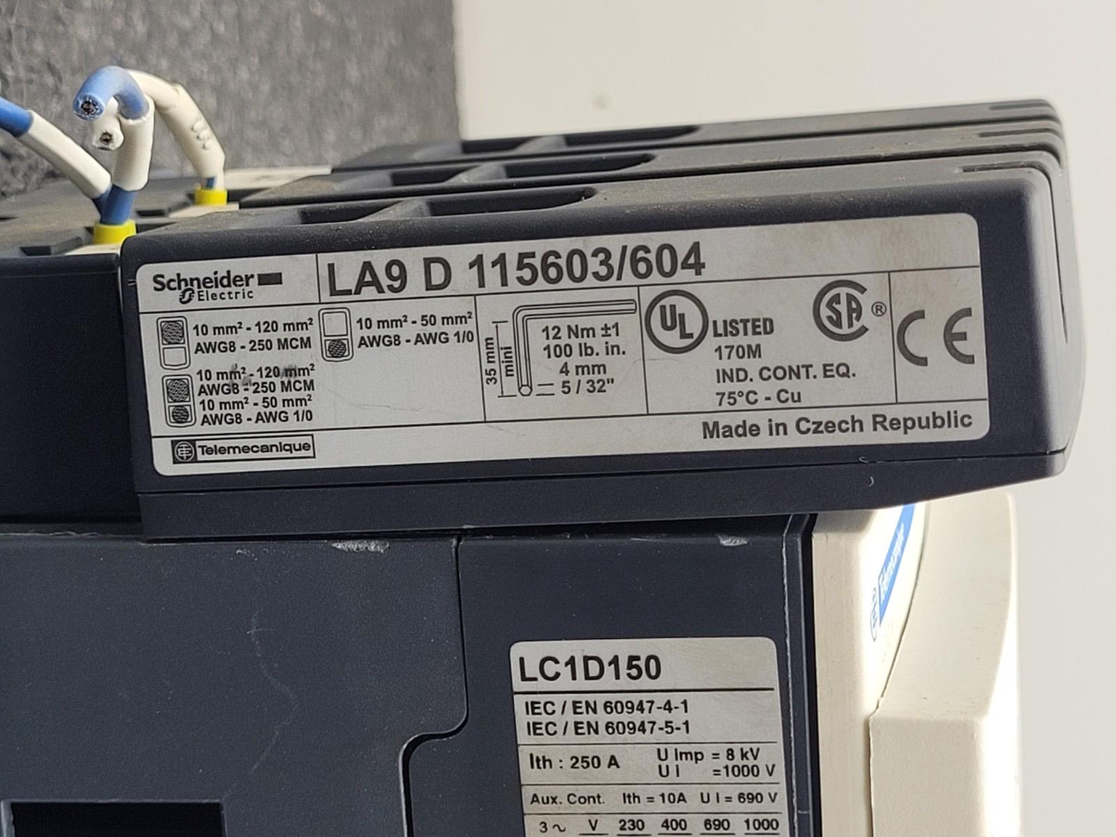 Telemecanique Contactor LC1D150 Aux Contact w/ LA9 D 115603/604 Lugs 24VDC Coil