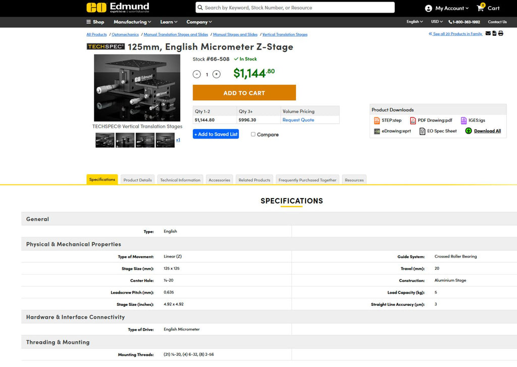 EO Edmund Optics Z Axis 66-508 Lift Table 125mm Square Optical Breadboard 1/4-20