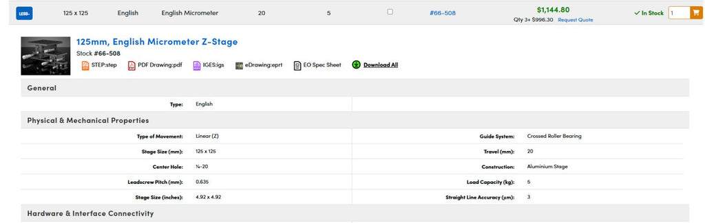 EO Edmund Optics Z Axis 66-508 Lift Table 125mm Square Optical Breadboard 1/4-20