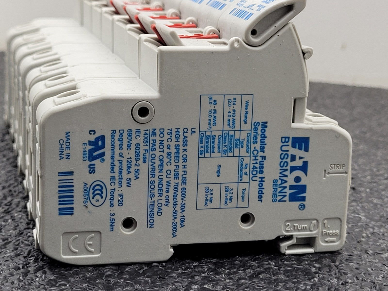 Lot of 5 Eaton Bussman MFH 14x51 50A 690V CH14DU FUSE HOLDER 2x 2 fuse 3x 1 fuse