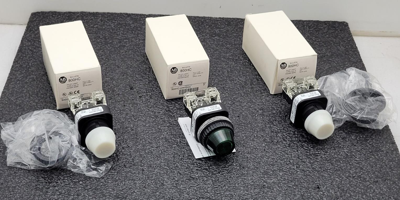 Lot of 3x ALLEN-BRADLEY AB  800HC-QRH24W QRH24G Pilot Lite 2x White 1x Green NEW