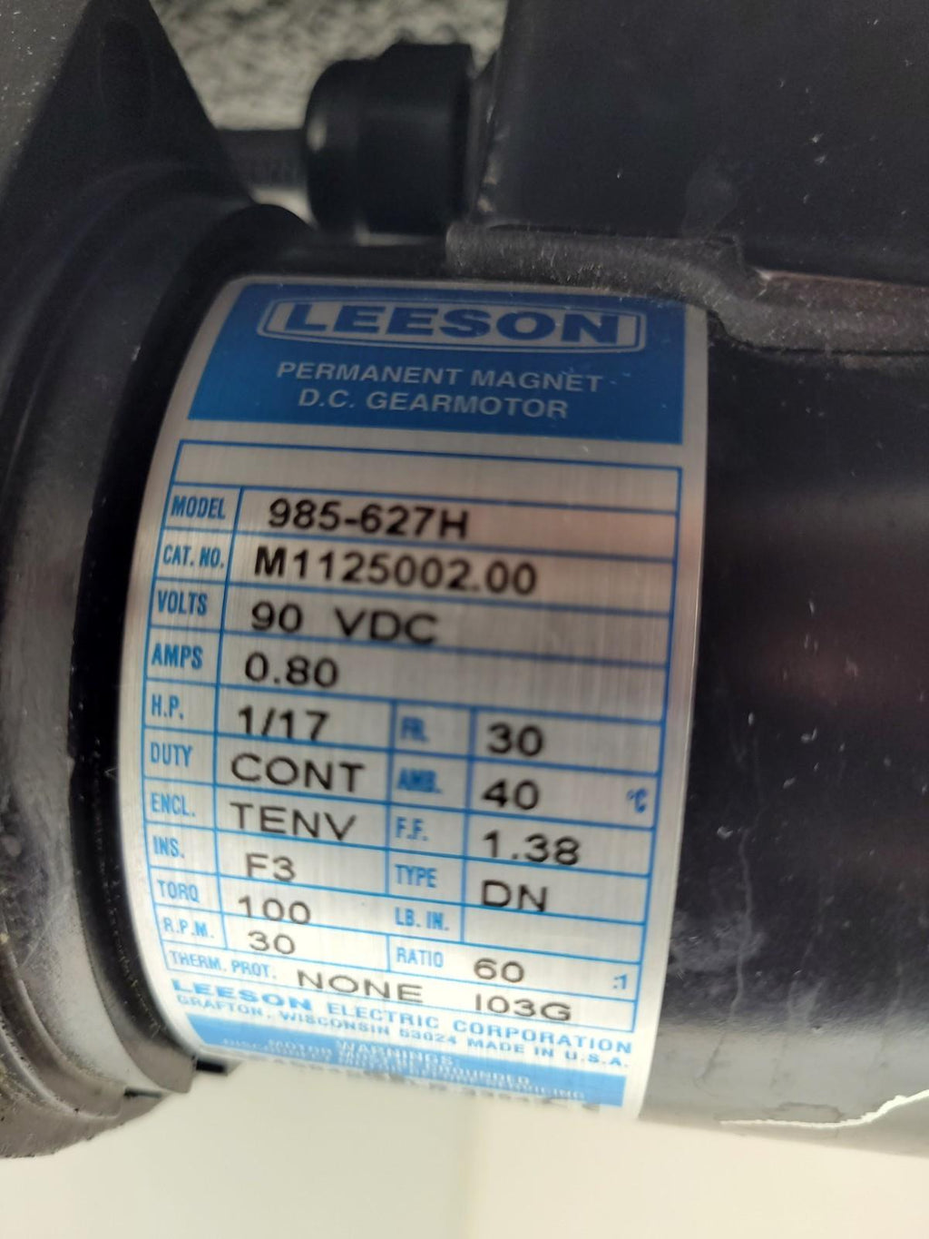 LEESON 985-627H 90VDC 0.8A Permanent Magnet 60:1 GearMotor w/ Clutch 30RPM