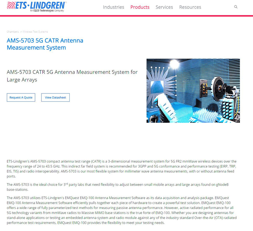 ETS-Lindgren AMS-5703 CATR Compact Antenna Test Range 5G Anechoic RF Chamber