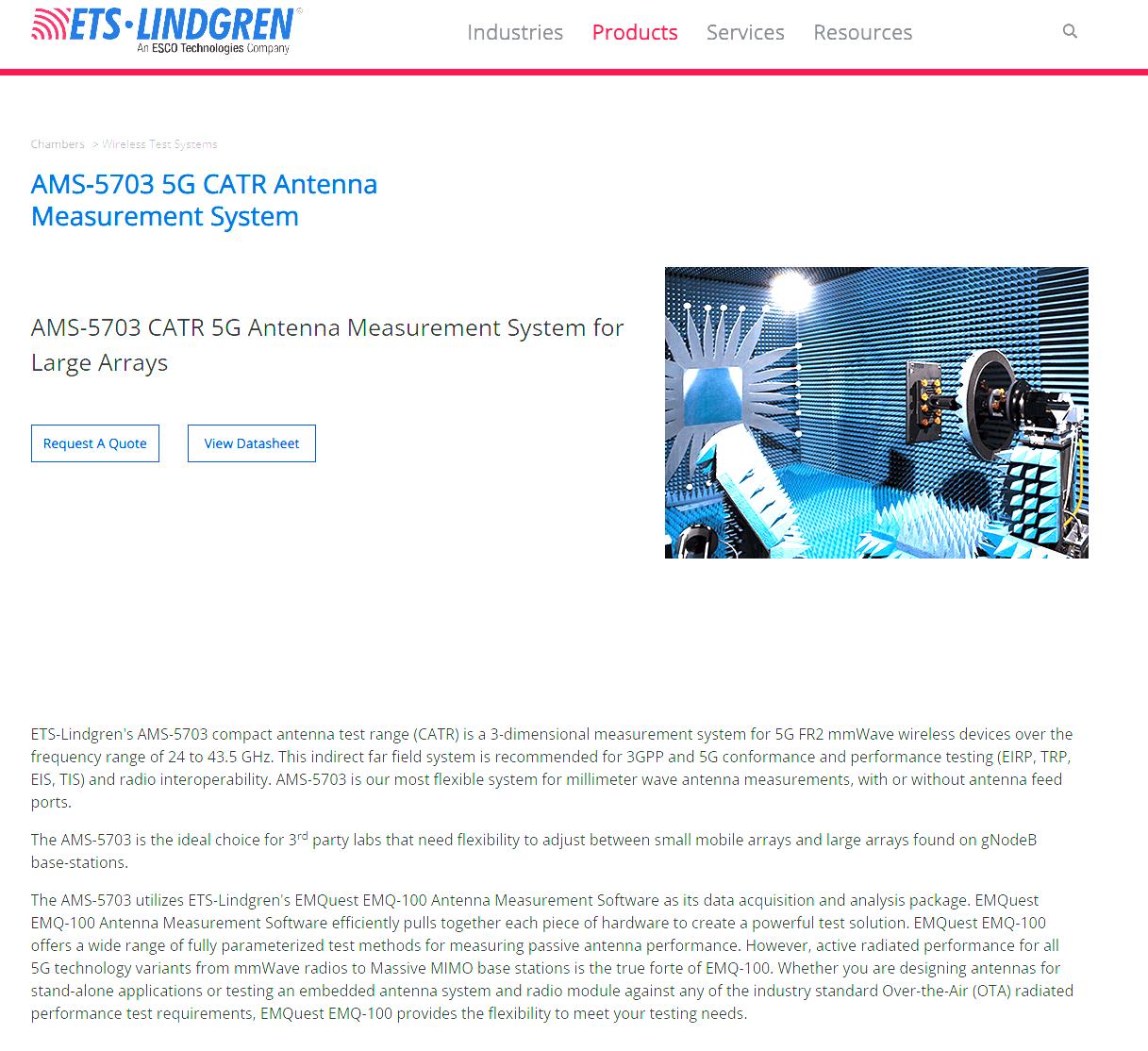 ETS-Lindgren AMS-5703 CATR Compact Antenna Test Range 5G Anechoic RF Chamber