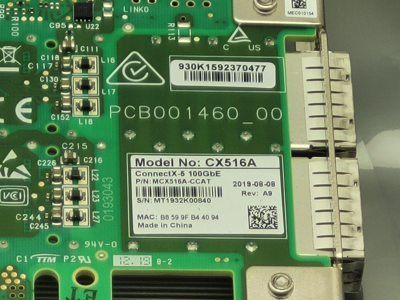 Mellanox CX516A 100GbE QSFP28 Dual Port ConnectX-5 PCIe x16 Adapter Full Height