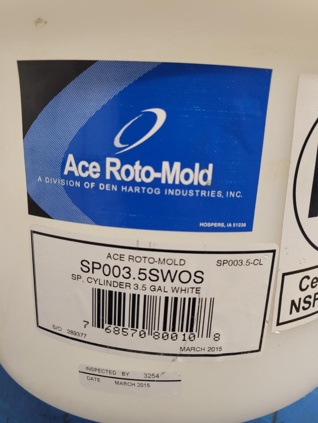 Ace Roto-Mold NSF 3.5 Gallon White Cylinder Conical Bottom Tank SP003.5SWOS