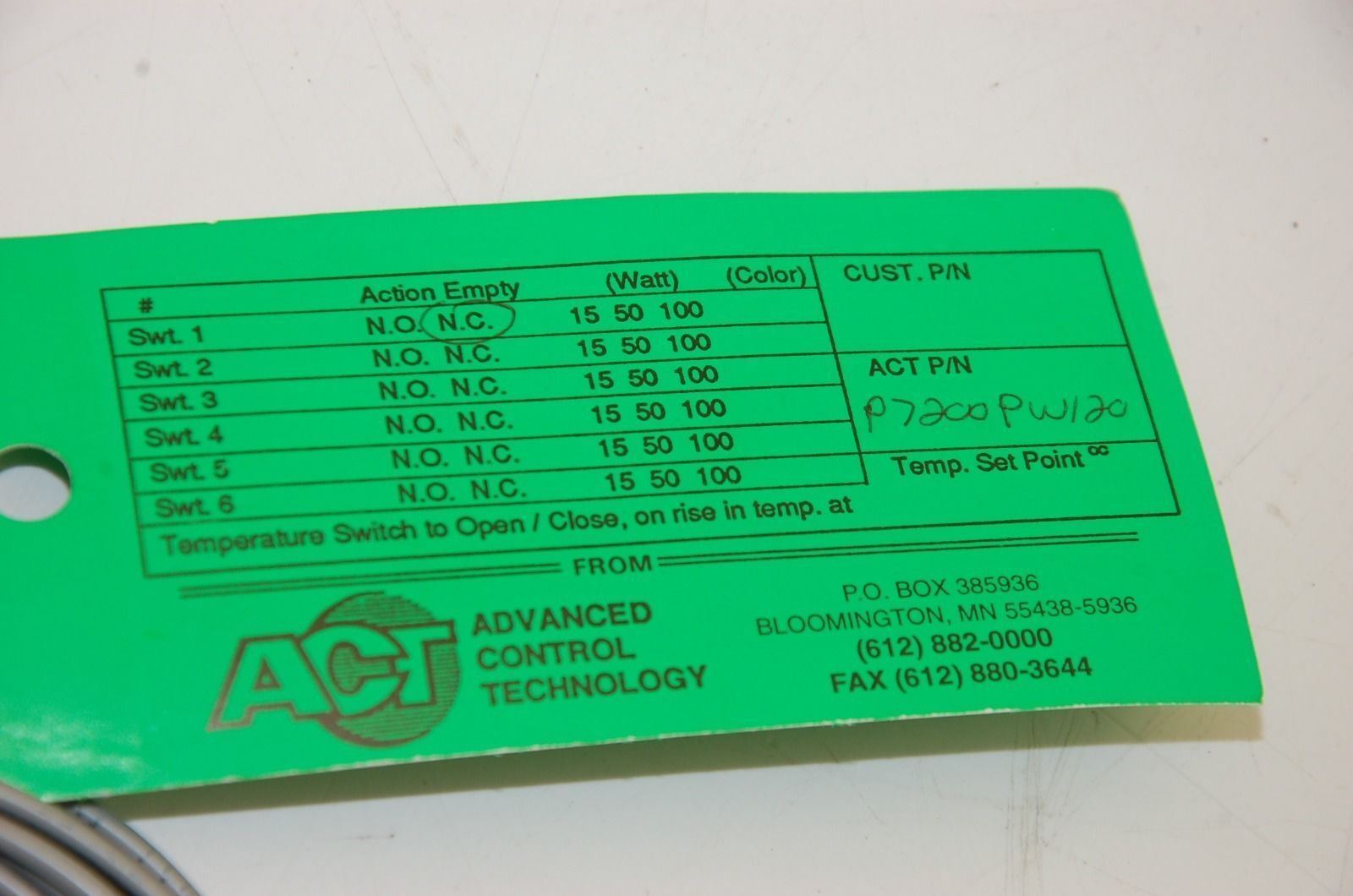 ACT Advanced Control Technologies P7200PW120 Temperature Switch, N.C. - Lot of 2