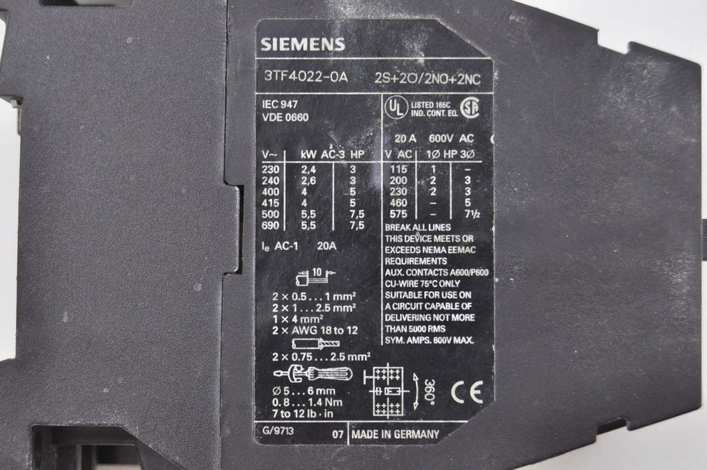 Siemens 3TF4022-0A 24VDC Coil Magnetic Contactor W/ 3TX7402-3R Surge Suppressor