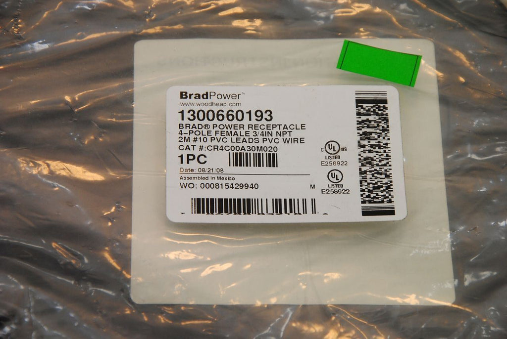Brad Power Molex 1300660193 4-Pole F Power Recept, 3/4"NPT, 10AWG, 2M L