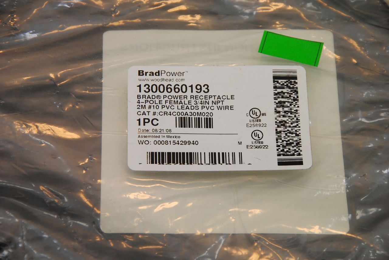 Brad Power Molex 1300660193 4-Pole F Power Recept, 3/4"NPT, 10AWG, 2M L