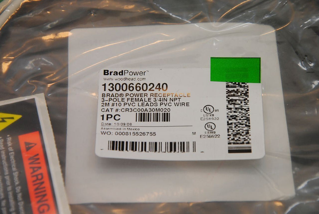 Brad Power Molex 1300660240 3-Pole F Power Recept, 3/4"NPT, 10AWG, 2M L - NEW