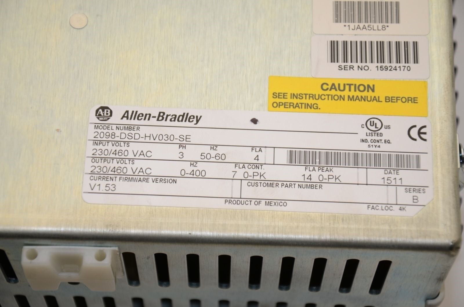 Allen Bradley Ultra 3000 Servo Drive, 230/460VAC, 3-PH, 50/60Hz, Ser. B, V1.53