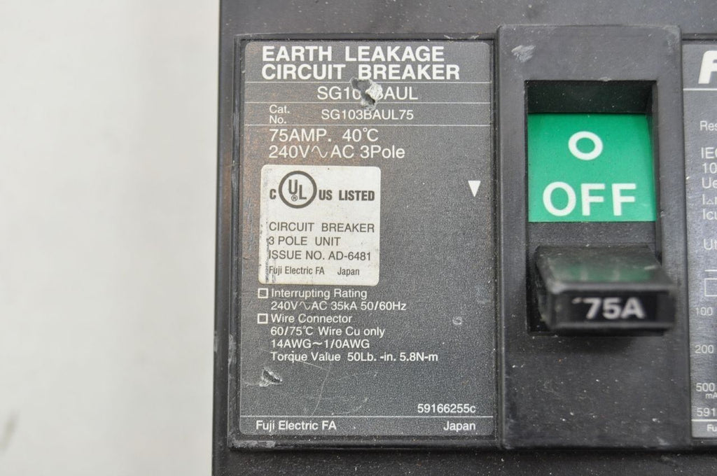 Fuji Electric SG103BAUL 75A 3-Pole Circuit Breaker