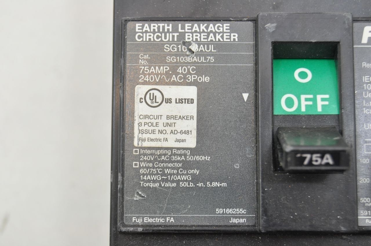 Fuji Electric SG103BAUL 75A 3-Pole Circuit Breaker