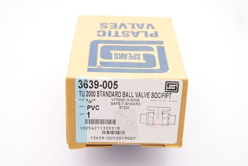 Spears 3639-005 1/2" PVC TU 2000 Standard Ball Valve SOC/FIPT w/Viton New in Box