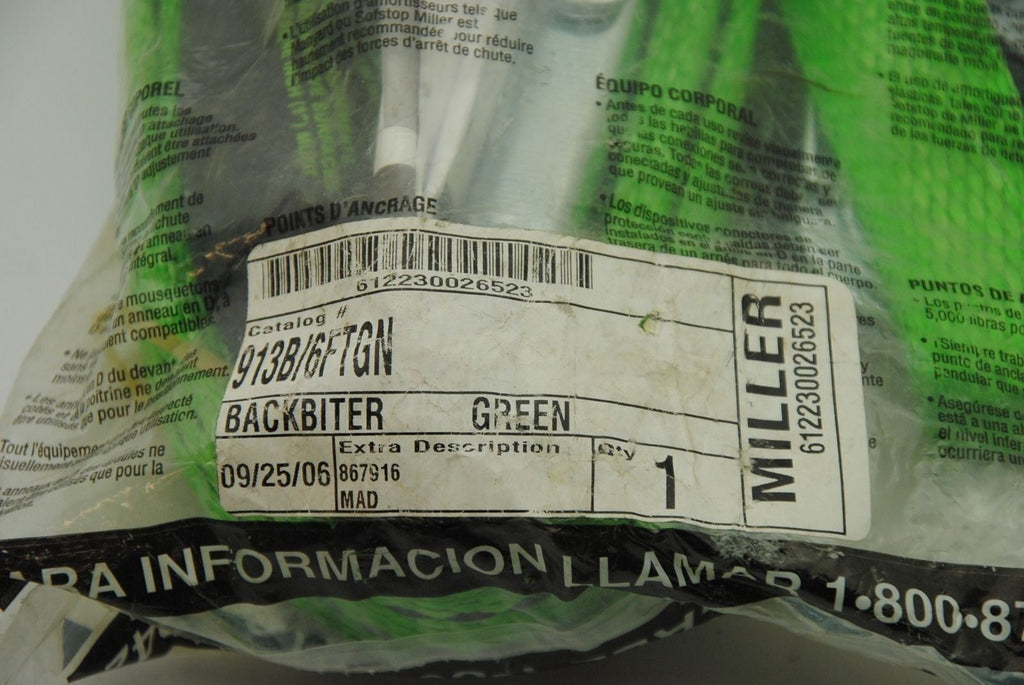 MILLER 612230026523  6' Backbiter Tie Back Lanyard W-Snap Hooks, Green, New