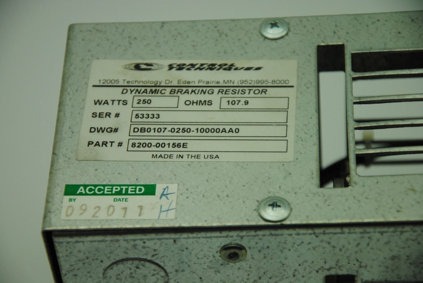 CONTROL TECHNIQUES 8200-00156E, Dynamic Braking Resistor 250w 107.9ohms