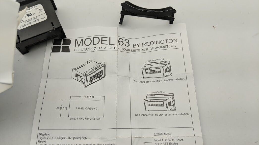 Redington Model 63 6320‑1000‑0000 Panel Mount Hour Meter LCD 3-30VDC input NEW