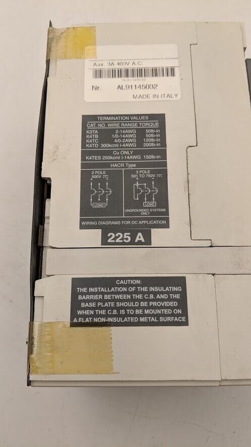 ABB S3N 225 AMP 3 Pole Circuit Breaker Aux Switch 3A Self Test Working Pull