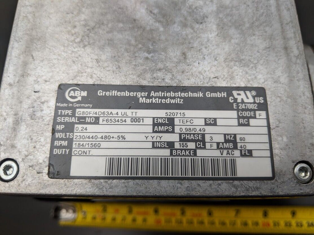 ABM Greiffenberger G80F/4D63A-4 UL TT TEFC .12kW Gear Motor 230/400