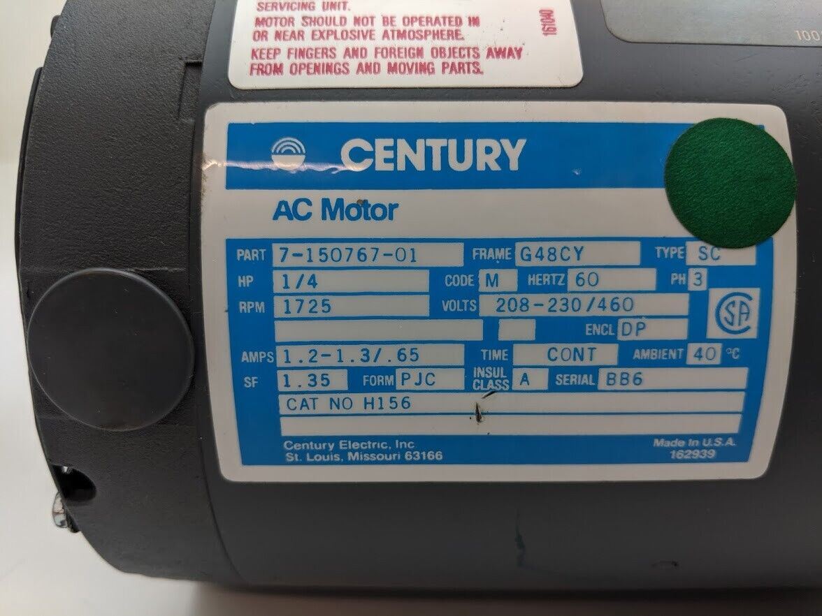 Century AC Motor 7-150767-01 1/4HP G48CY 3PH 1725RPM DP Enclosure 5/8" Shaft