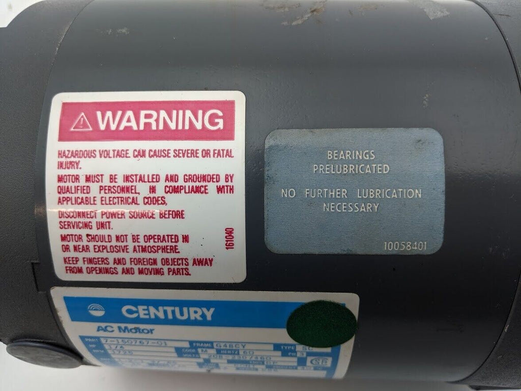 Century AC Motor 7-150767-01 1/4HP G48CY 3PH 1725RPM DP Enclosure 5/8" Shaft