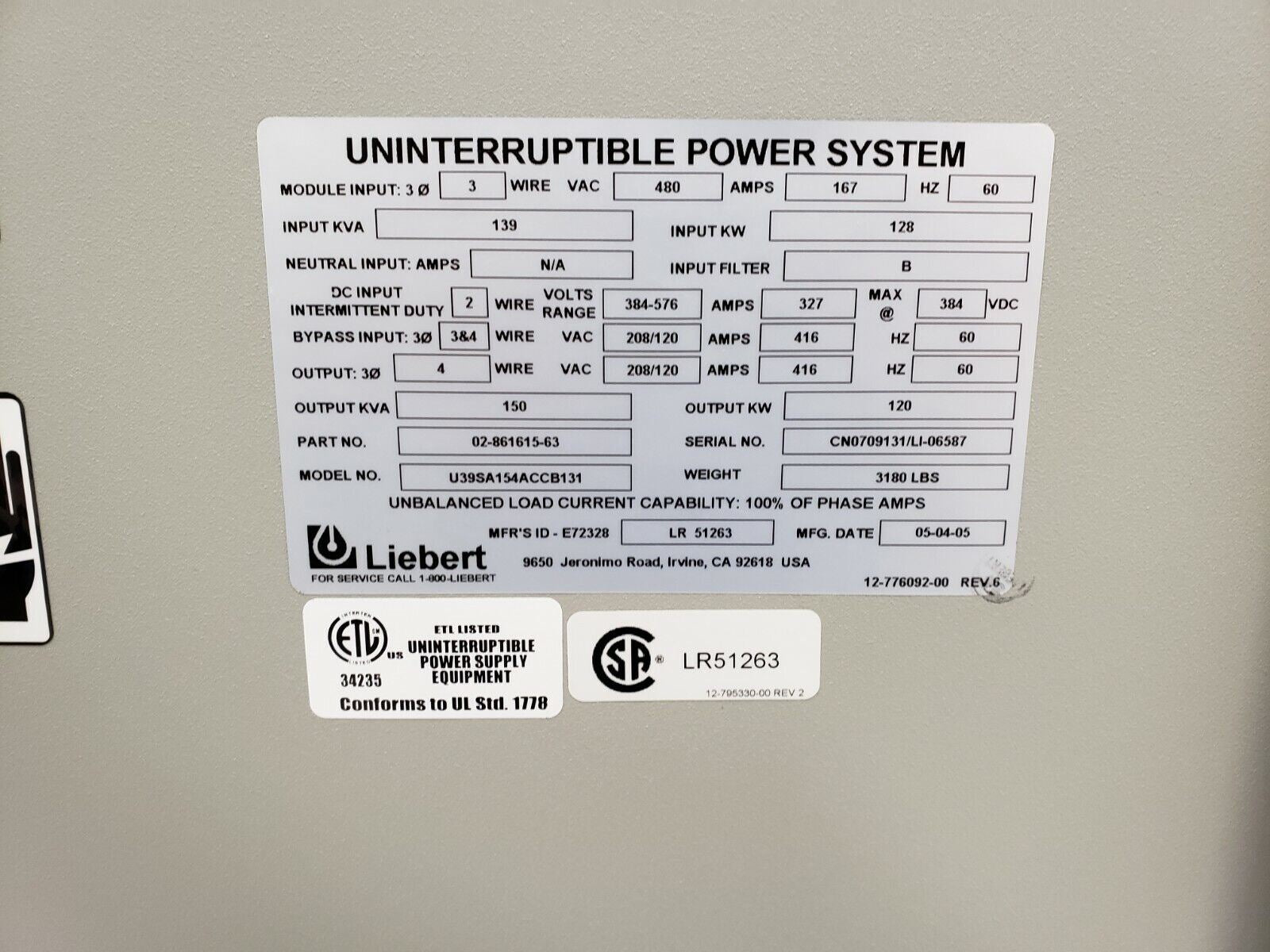 Emerson Liebert 610 UPS 120kW 480v 3Ph  U39SA154ACCB131