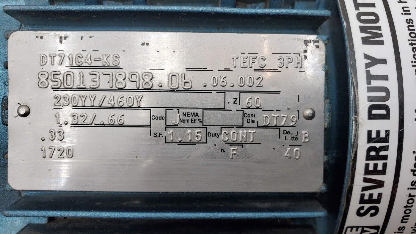 SEW Eurodrive DT71C4-KS Severe Duty Motor 3PH 230/460V 60Hz 1.32/.66A .33HP