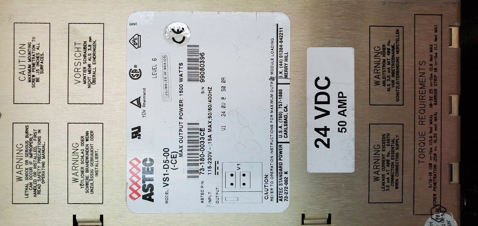 ASTEC VS1-D5-00 (-CE) 73-180-0033CE In: 115-230 50/60/400Hz 15A Out: 24VDC 50A