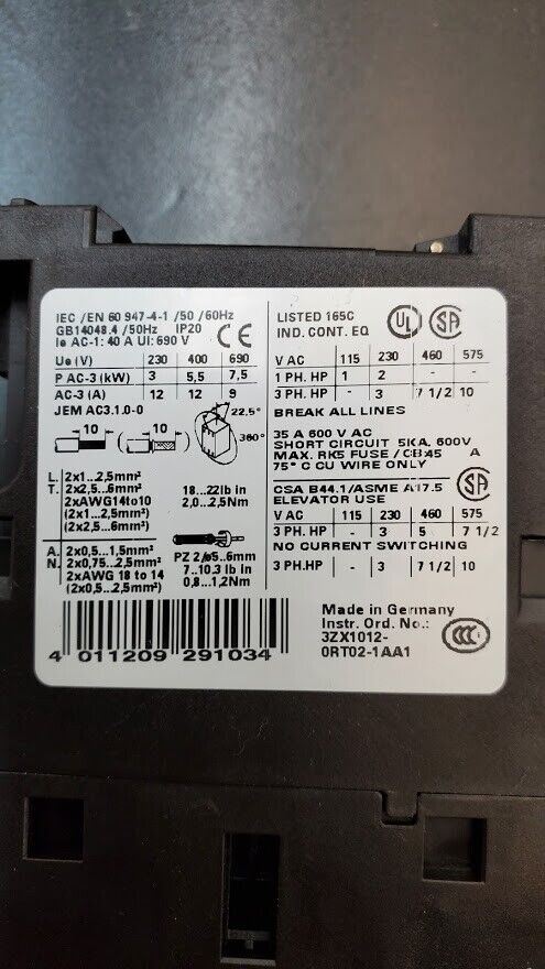 SIEMENS SIRIUS 3RT1024-1B Contactor E05 3 Phase