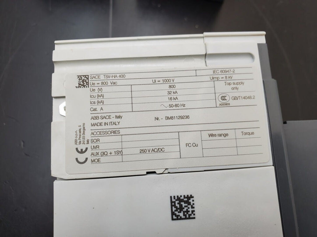 ABB SACE Tmax T5V-HA 400 Circuit Breaker 400 Amps 1000 VAC 3 Pole Rotary Handle
