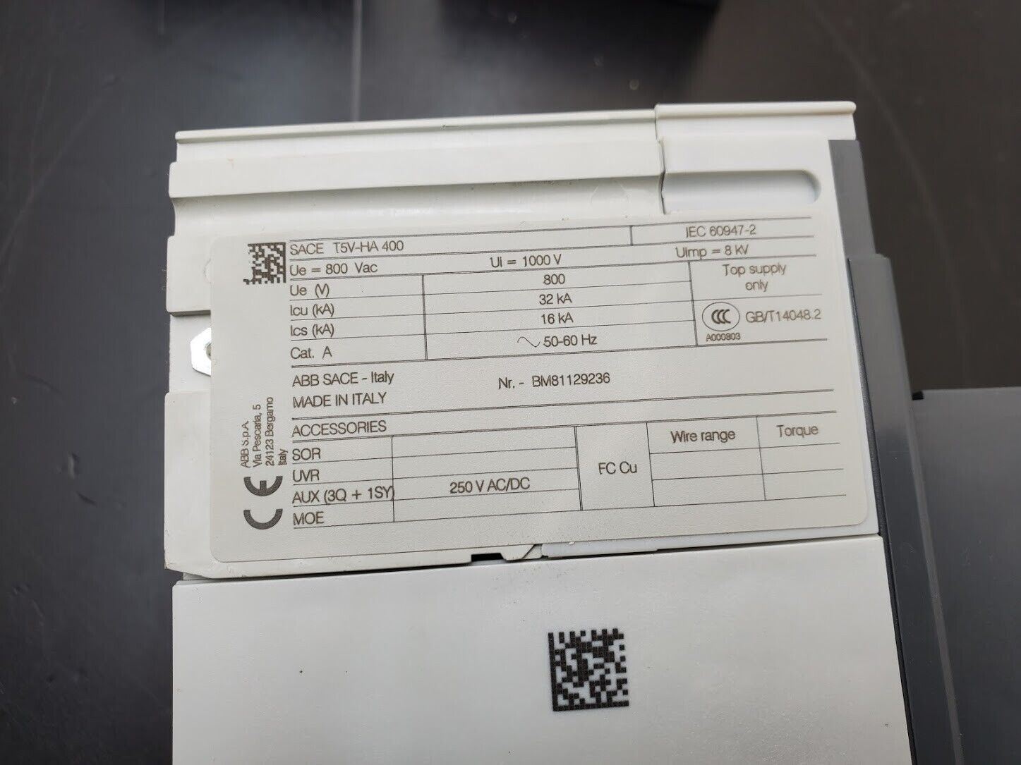 ABB SACE Tmax T5V-HA 400 Circuit Breaker 400 Amps 1000 VAC 3 Pole Rotary Handle