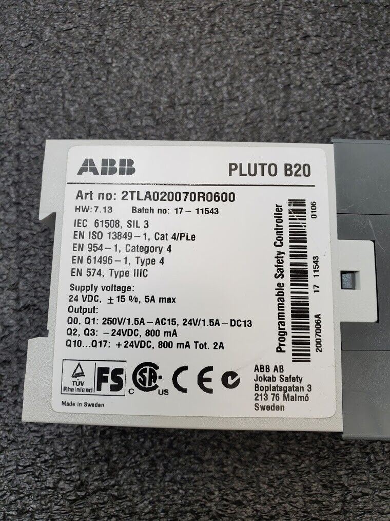 Jakob Safety PLC ABB Pluto B20 Safety Relay 4x 4-20mA/0-10V analog inputs 24VDC