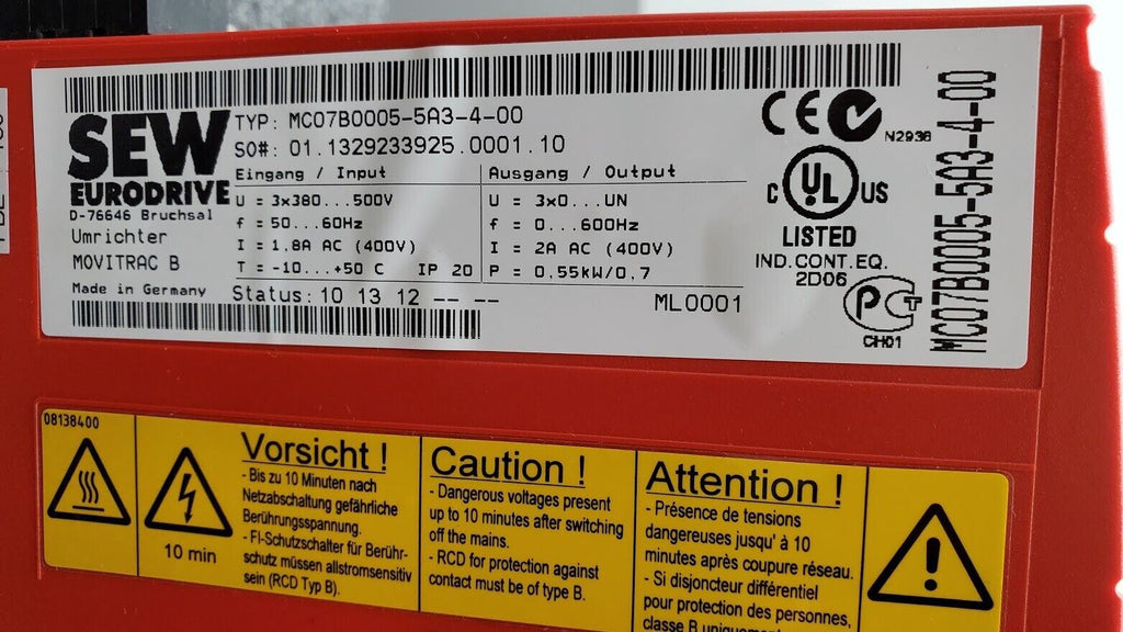 SEW EURODRIVE MOVITRAC B MC07B0005-5A3-4-00 400V 3PH .55kW 0.74HP AC 2.0A