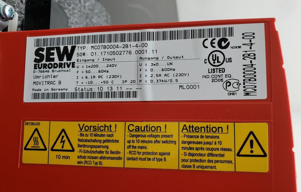 SEW EURODRIVE MOVITRAC B MC07B0004-2B1-4-00 230V 1PH .37kW 0.50HP AC 2.5A