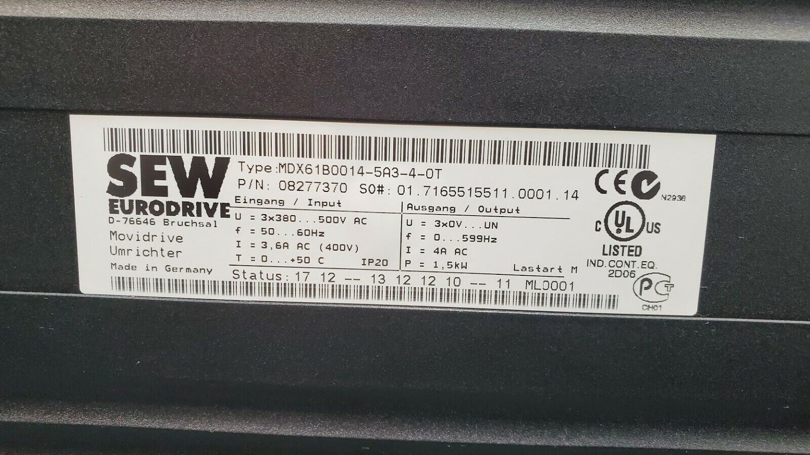 SEW EURODRIVE Movidrive VFD MDX61B0014-5A3-4-0T 1.5kW 500VAC 50/60Hz BW090-P52B