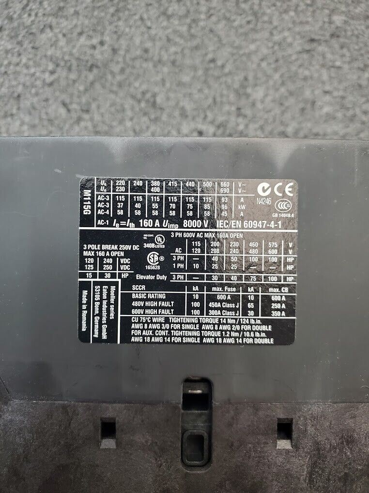 Eaton DIL M115 XTCE115G Contactor 220-690VAC 250VDC 3PH 24VDC Coil 10-100HP