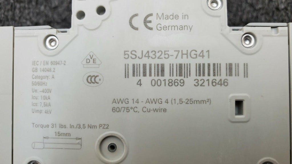 SIEMENS 5SJ4325-7HG41 Circuit Breaker 5SJ43, 25A, 240 V, 50/60Hz Type HSJ 3-Pole