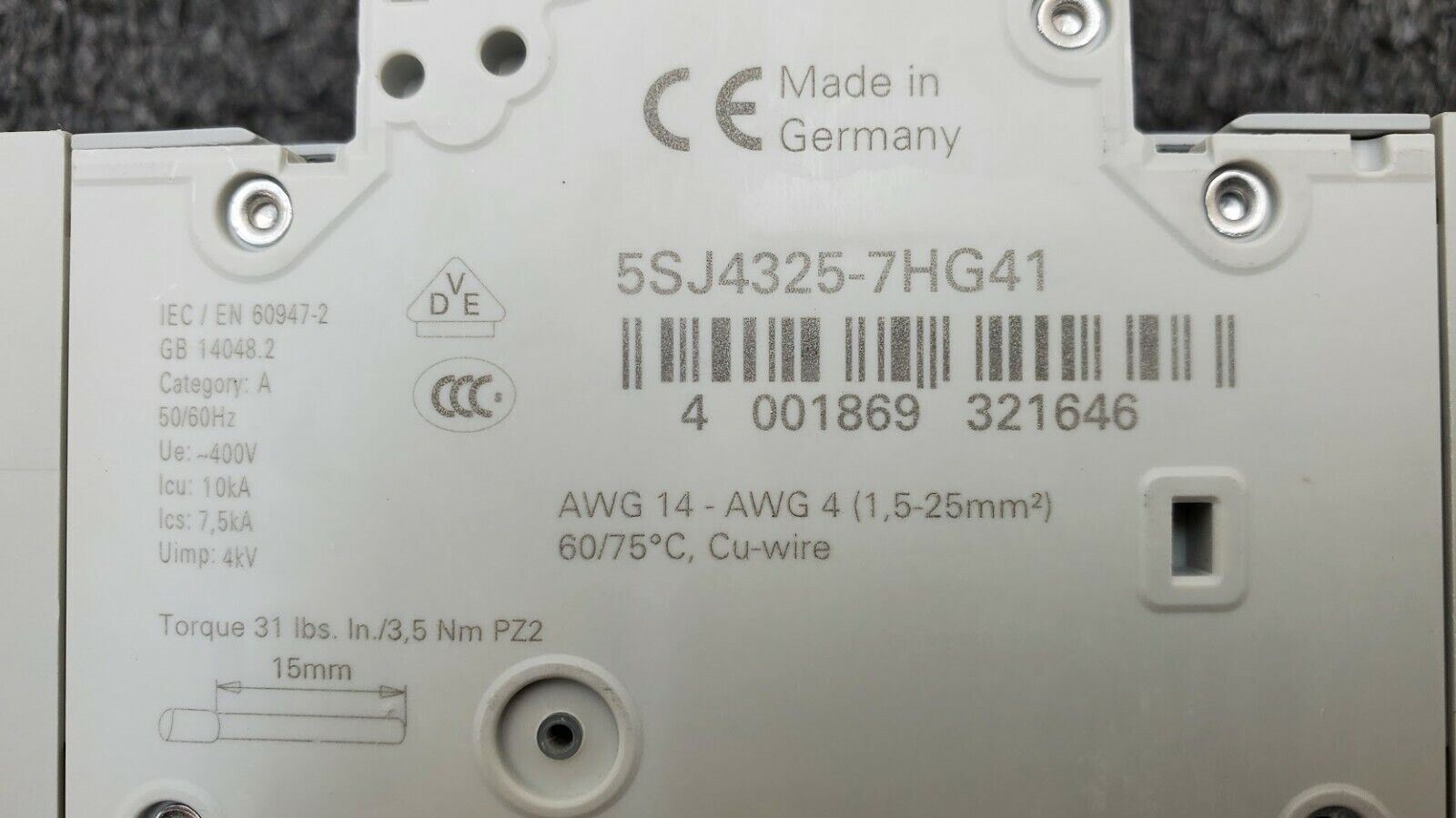 SIEMENS 5SJ4325-7HG41 Circuit Breaker 5SJ43, 25A, 240 V, 50/60Hz Type HSJ 3-Pole