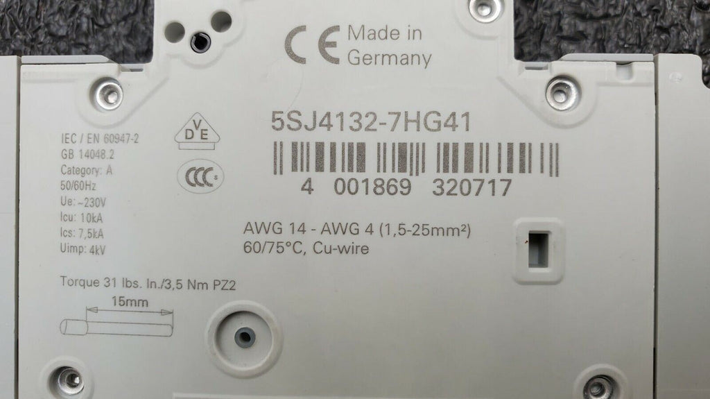 SIEMENS 5SJ4132-7HG41 Circuit Breaker 5SJ41, 32A, 240 V, 50/60Hz Type HSJ 1-Pole